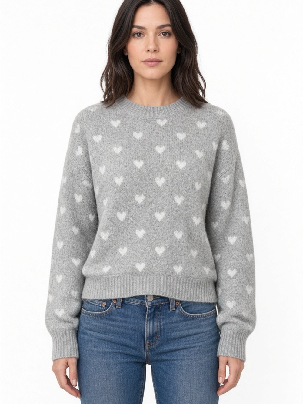 Vince Camuto Gray Crewneck Sweater with White Heart Cozy Romantic Knit
